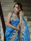 Banarasee Tissue Saree With Handwork Pearl Motifs Zari Border & Lace-Sky Blue
