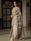 Banarasee Kora Muslin Saree With Zari Jamdani Weaving-Grey