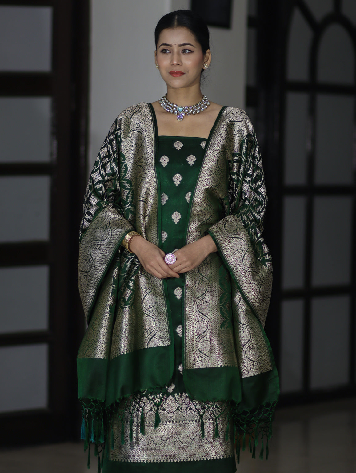 Banarasee Dual Tone Satin Silk Zari Work Salwar Kameez Fabric With Dupatta Set-Bottle Green