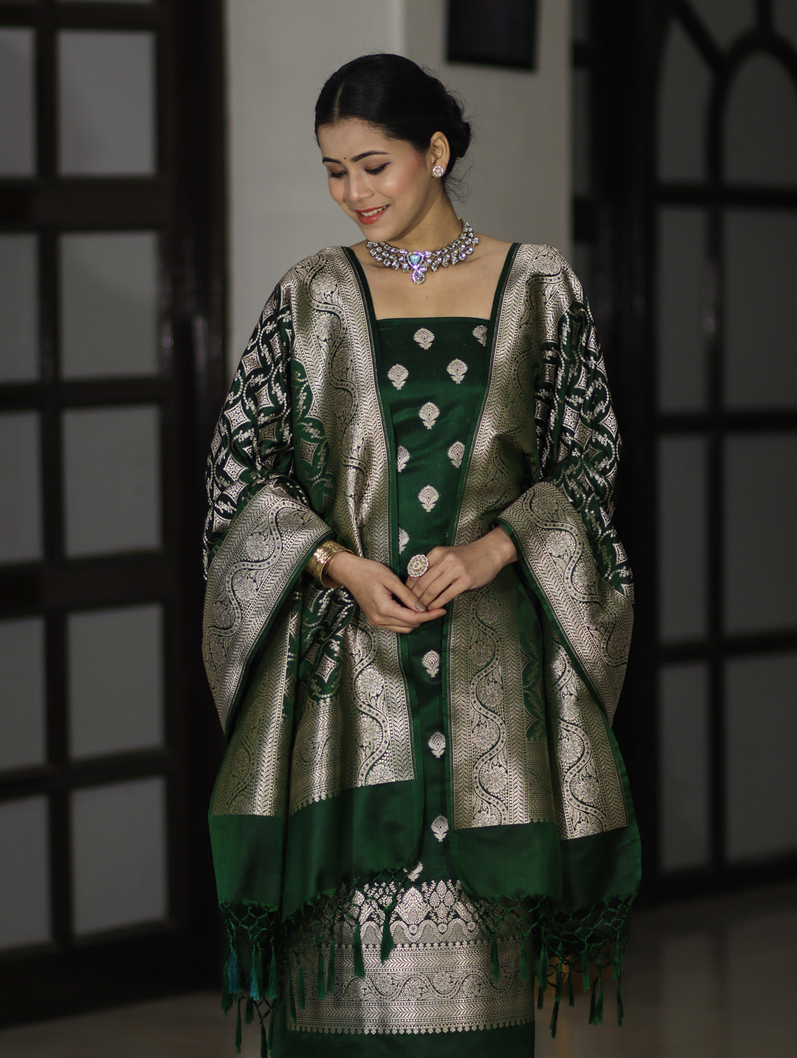 Banarasee Dual Tone Satin Silk Zari Work Salwar Kameez Fabric With Dupatta Set-Bottle Green