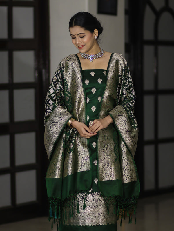 Banarasee Dual Tone Satin Silk Zari Work Salwar Kameez Fabric With Dupatta Set-Bottle Green
