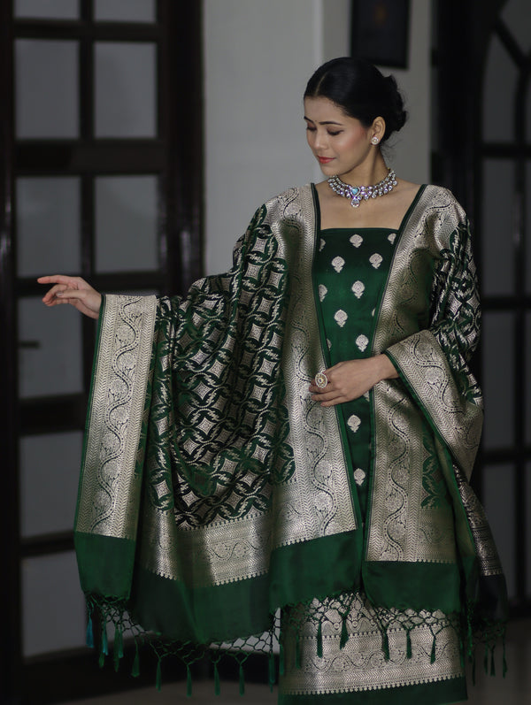 Banarasee Dual Tone Satin Silk Zari Work Salwar Kameez Fabric With Dupatta Set-Bottle Green