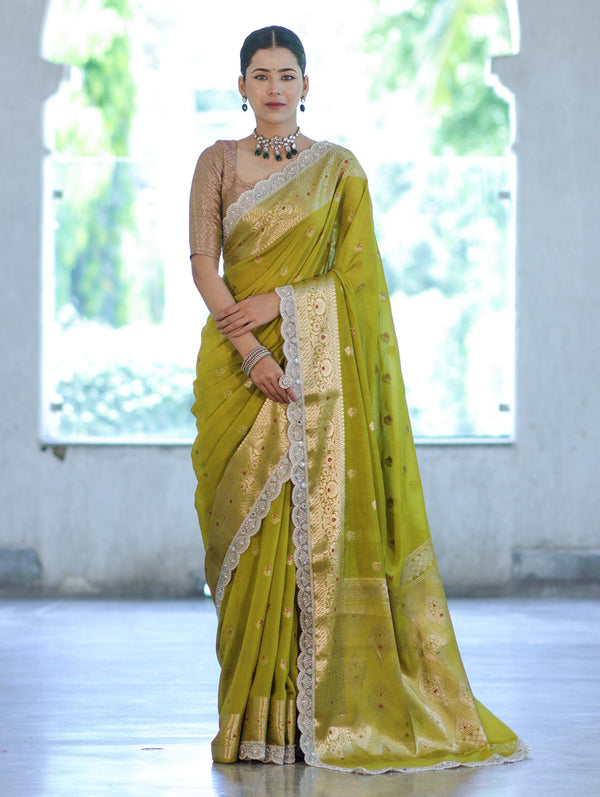 Banarasee Handloom Semi Silk Saree With Zari Buti Design & Lace Border-Lime Green