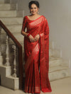 Banarasee Handwoven Semi-Katan Tanchoi Weaving Floral Border Saree-Red