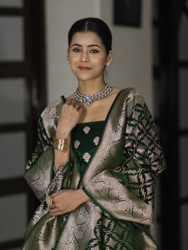 Banarasee Dual Tone Satin Silk Zari Work Salwar Kameez Fabric With Dupatta Set-Bottle Green