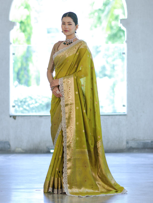 Banarasee Handloom Semi Silk Saree With Zari Buti Design & Lace Border-Lime Green