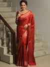 Banarasee Handwoven Semi-Katan Tanchoi Weaving Floral Border Saree-Red