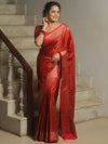 Banarasee Handwoven Semi-Katan Tanchoi Weaving Floral Border Saree-Red