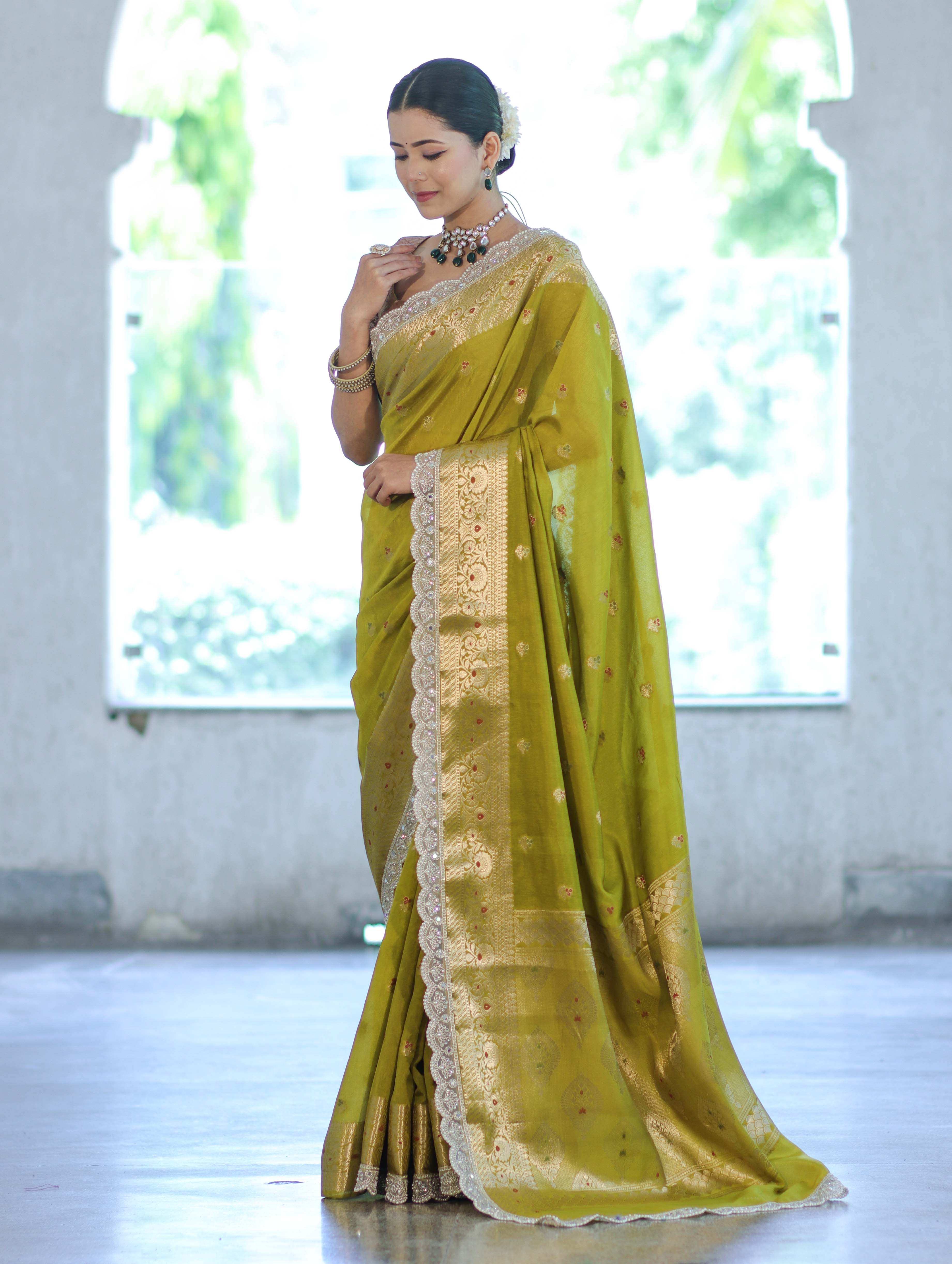 Banarasee Handloom Semi Silk Saree With Zari Buti Design & Lace Border-Lime Green