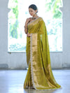 Banarasee Handloom Semi Silk Saree With Zari Buti Design & Lace Border-Lime Green
