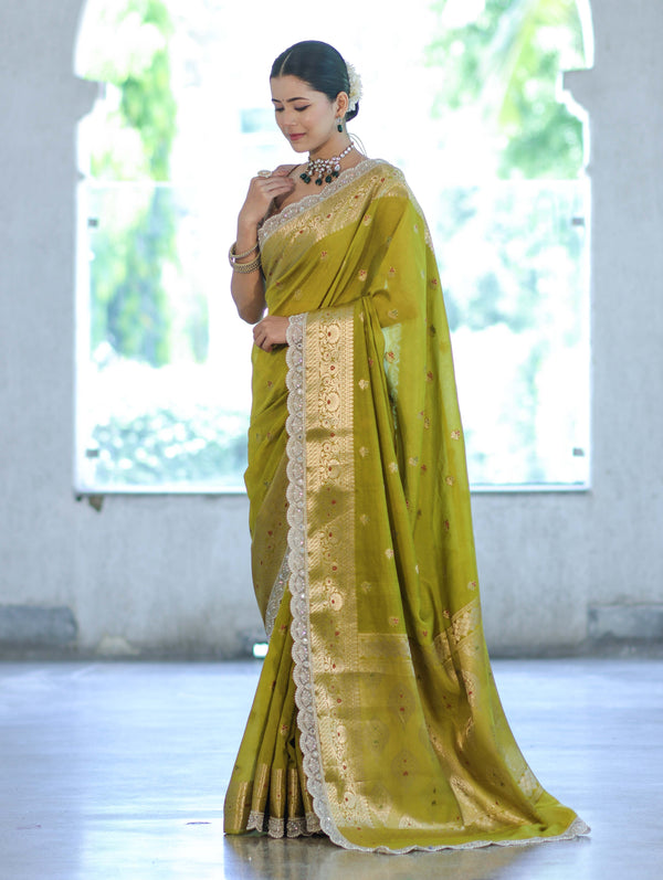 Banarasee Handloom Semi Silk Saree With Zari Buti Design & Lace Border-Lime Green