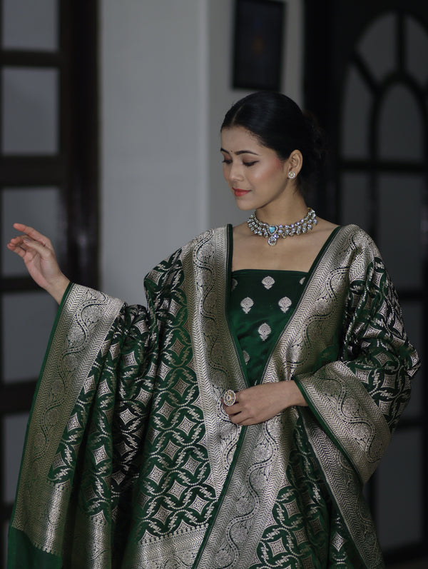 Banarasee Dual Tone Satin Silk Zari Work Salwar Kameez Fabric With Dupatta Set-Bottle Green