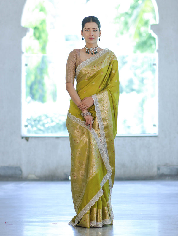 Banarasee Handloom Semi Silk Saree With Zari Buti Design & Lace Border-Lime Green