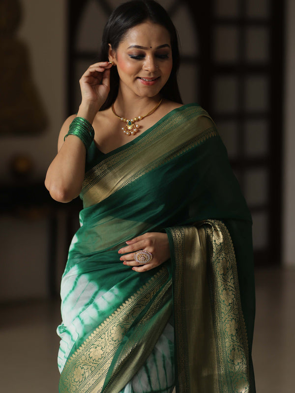 Banarasee Handwoven Semi Silk Saree With Shibori Work-Green & White