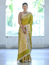 Banarasee Handloom Semi Silk Saree With Zari Buti Design & Lace Border-Lime Green
