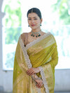 Banarasee Handloom Semi Silk Saree With Zari Buti Design & Lace Border-Lime Green