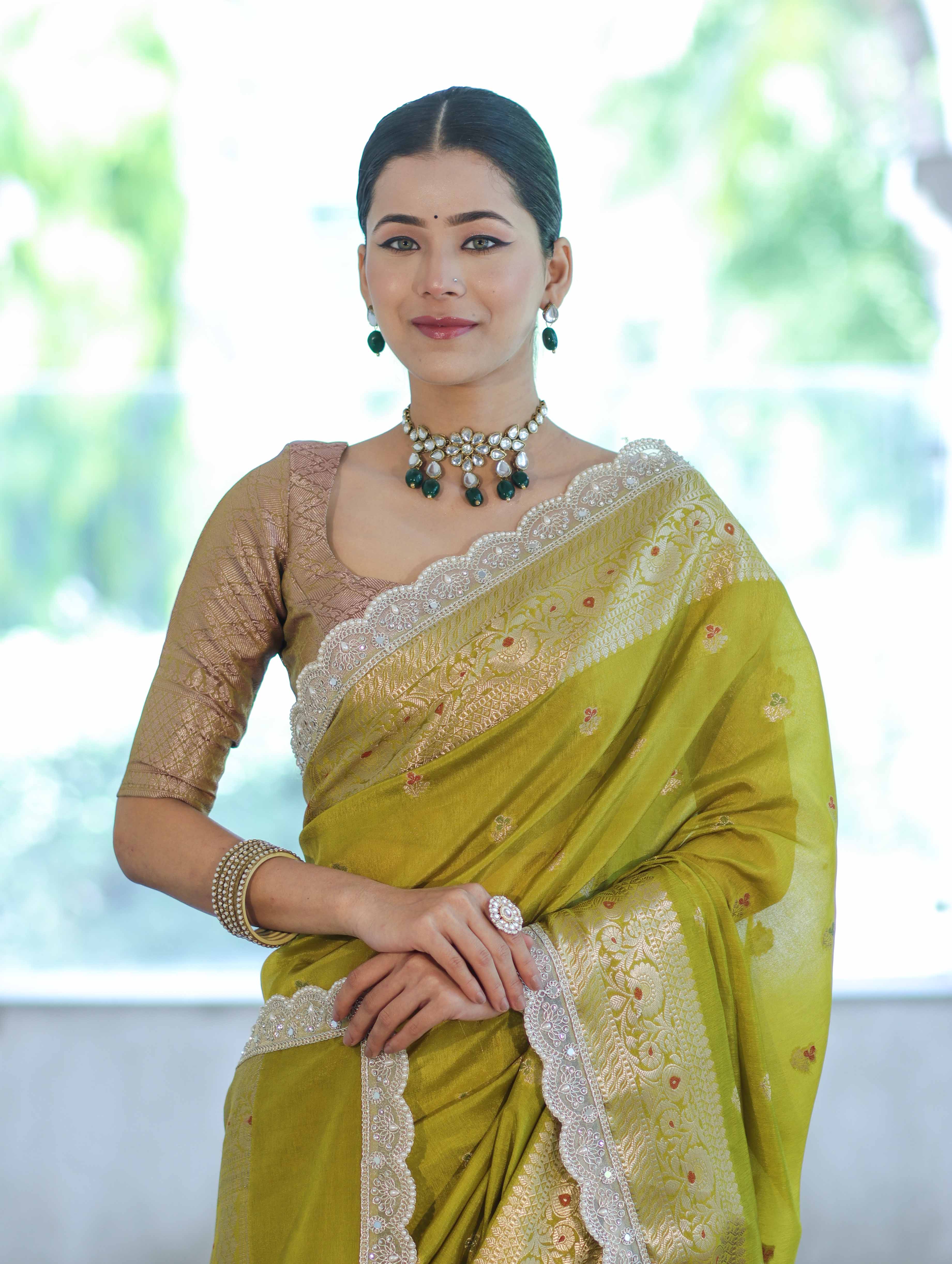 Banarasee Handloom Semi Silk Saree With Zari Buti Design & Lace Border-Lime Green