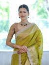 Banarasee Handloom Semi Silk Saree With Zari Buti Design & Lace Border-Lime Green