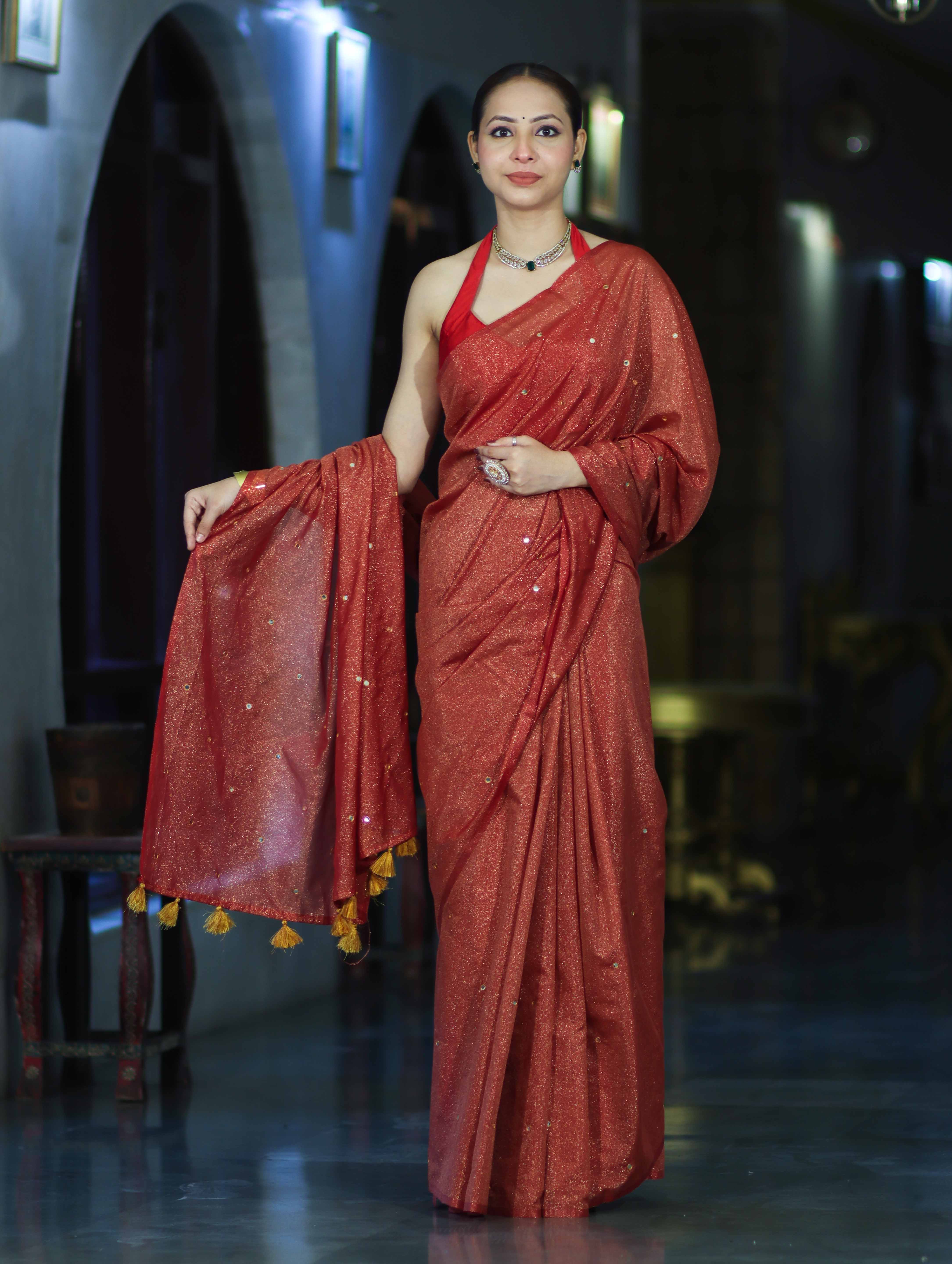 Banarasee Handwoven Semi Silk Shine Saree With Mirror Work-Red