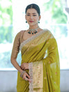 Banarasee Handloom Semi Silk Saree With Zari Buti Design & Lace Border-Lime Green