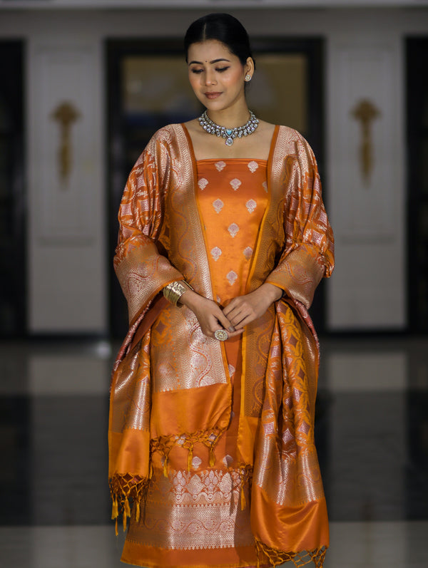 Banarasee Dual Tone Satin Silk Zari Work Salwar Kameez Fabric With Dupatta Set-Rust