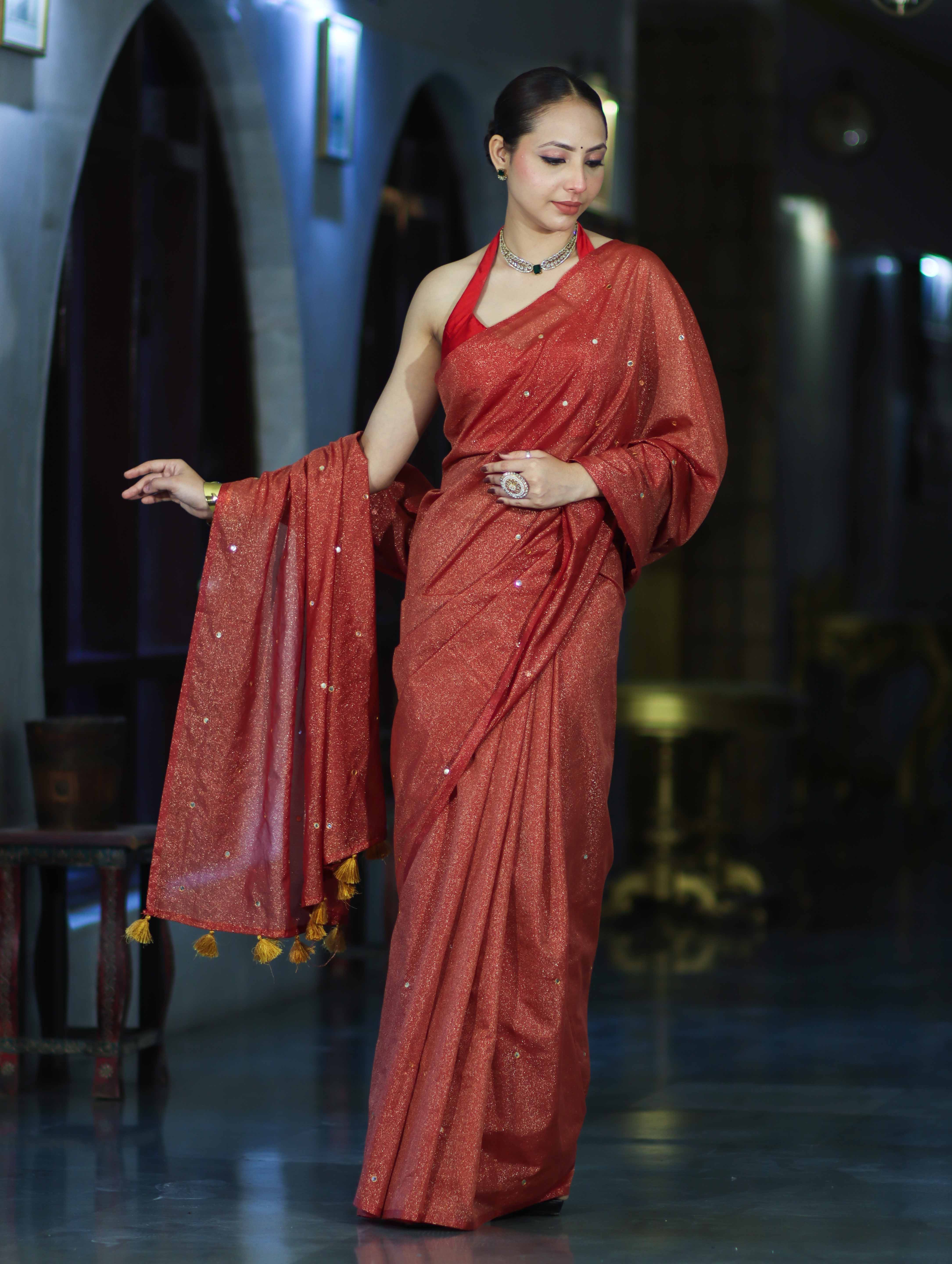 Banarasee Handwoven Semi Silk Shine Saree With Mirror Work-Red