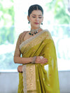 Banarasee Handloom Semi Silk Saree With Zari Buti Design & Lace Border-Lime Green
