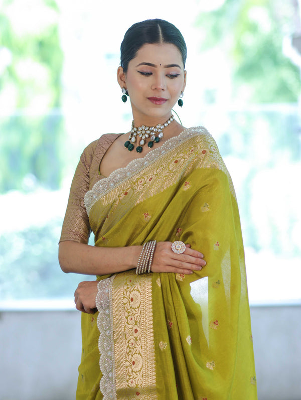 Banarasee Handloom Semi Silk Saree With Zari Buti Design & Lace Border-Lime Green
