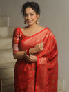 Banarasee Handwoven Semi-Katan Tanchoi Weaving Floral Border Saree-Red