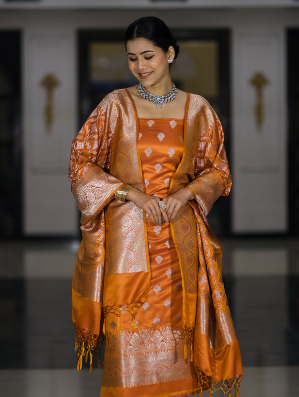 Banarasee Dual Tone Satin Silk Zari Work Salwar Kameez Fabric With Dupatta Set-Rust