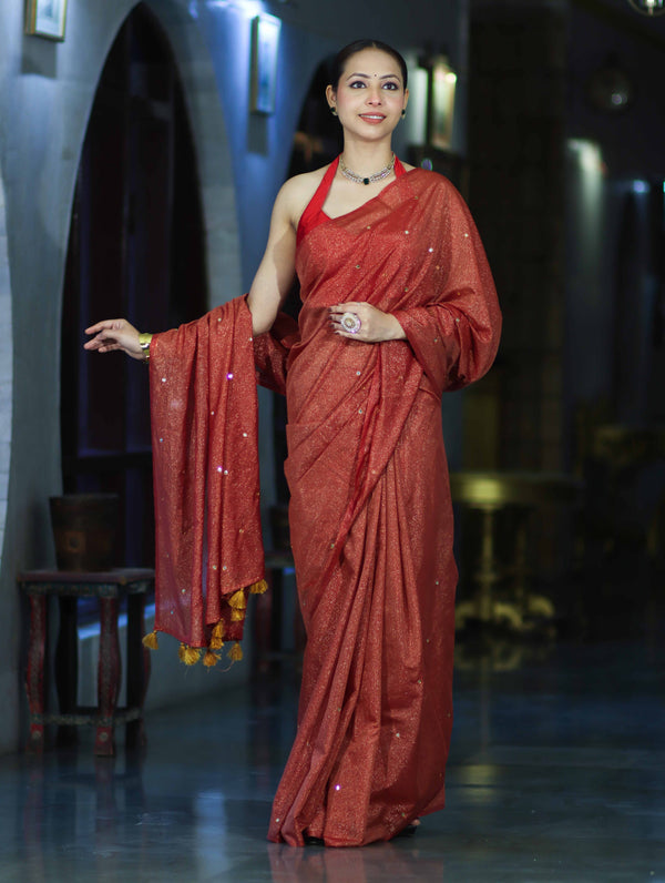 Banarasee Handwoven Semi Silk Shine Saree With Mirror Work-Red