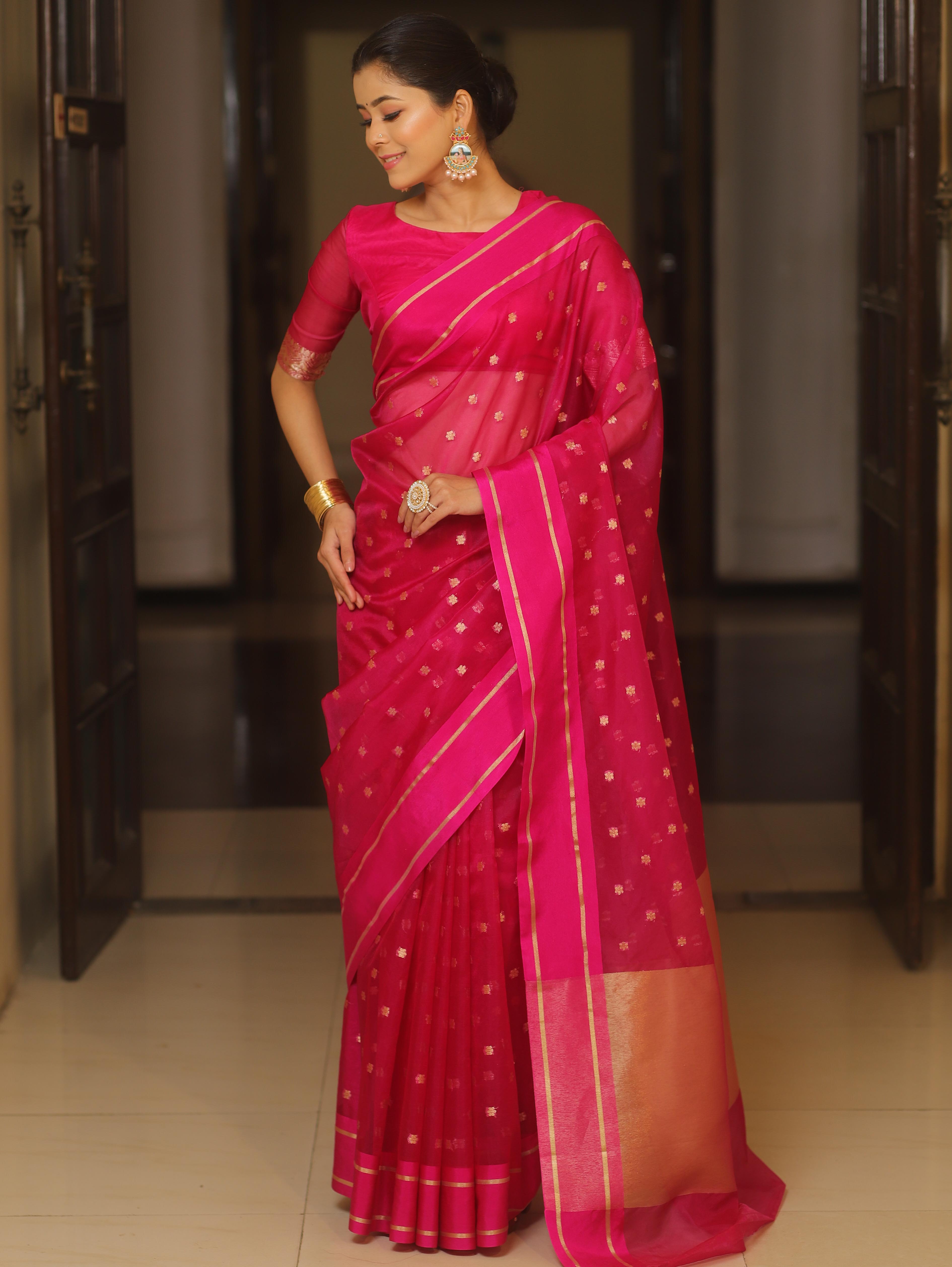 Banarasee Organza Saree With Zari Buti & Satin Border-Pink