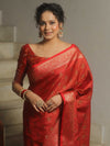 Banarasee Handwoven Semi-Katan Tanchoi Weaving Floral Border Saree-Red