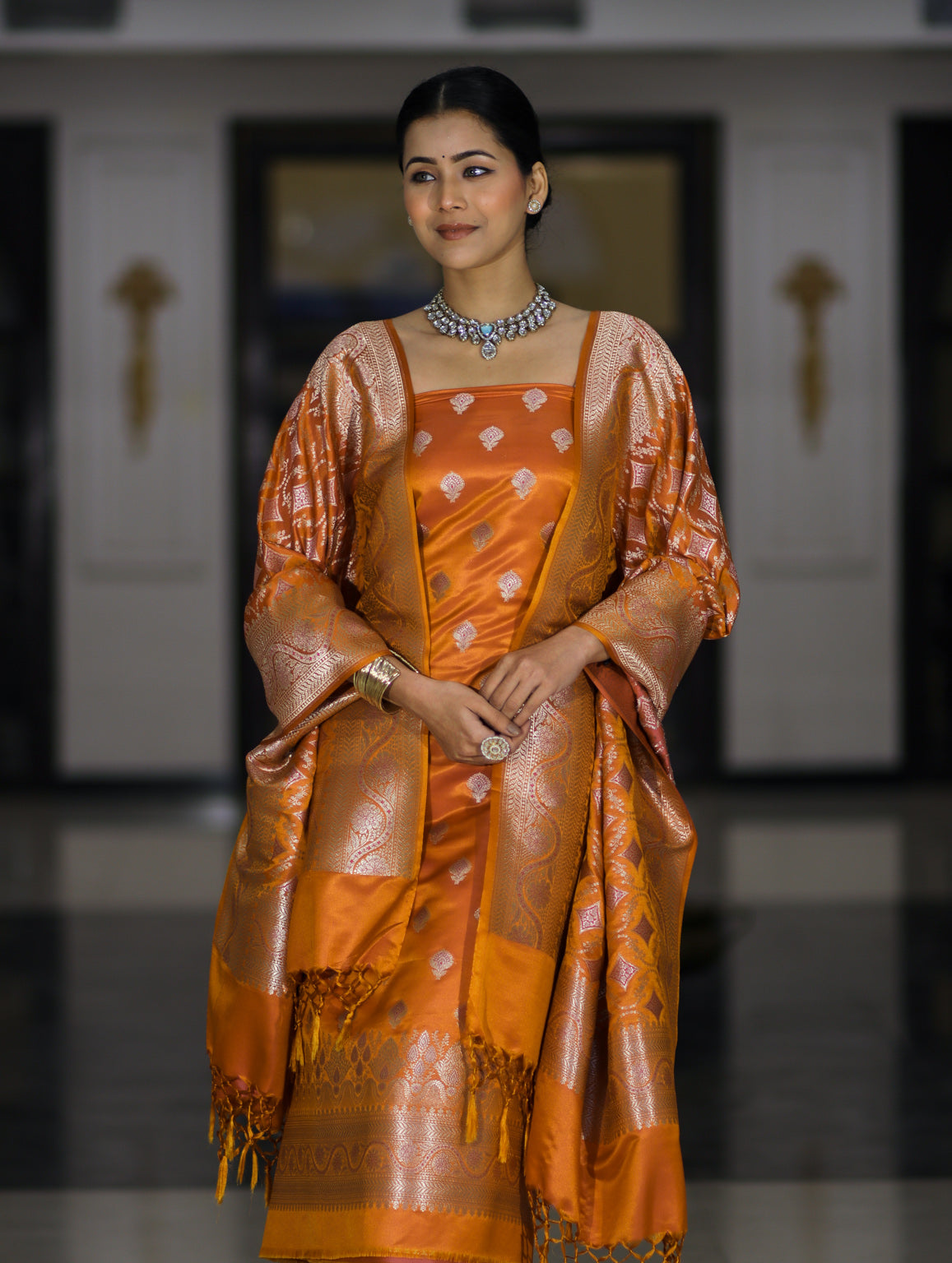 Banarasee Dual Tone Satin Silk Zari Work Salwar Kameez Fabric With Dupatta Set-Rust