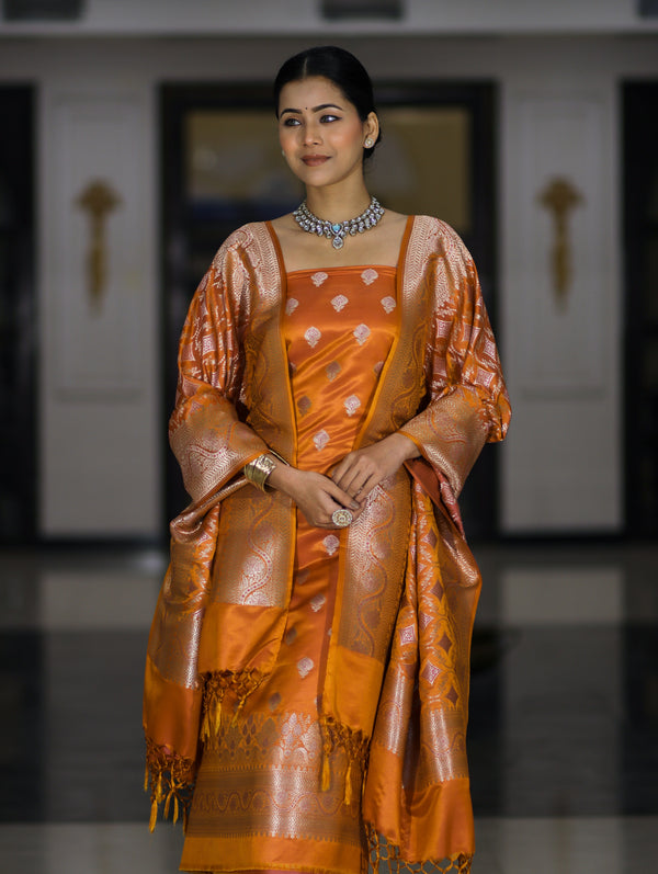 Banarasee Dual Tone Satin Silk Zari Work Salwar Kameez Fabric With Dupatta Set-Rust