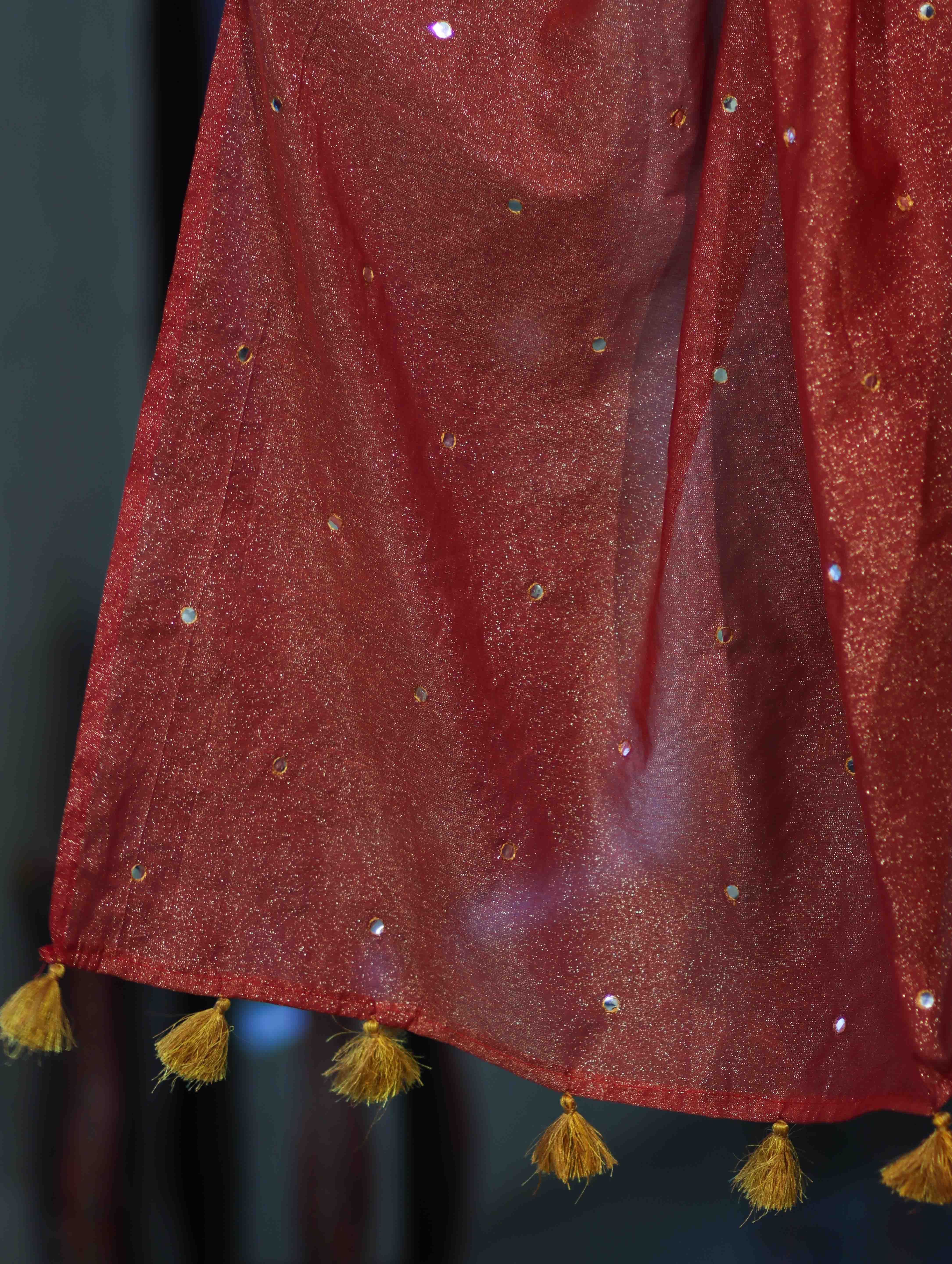 Banarasee Handwoven Semi Silk Shine Saree With Mirror Work-Red