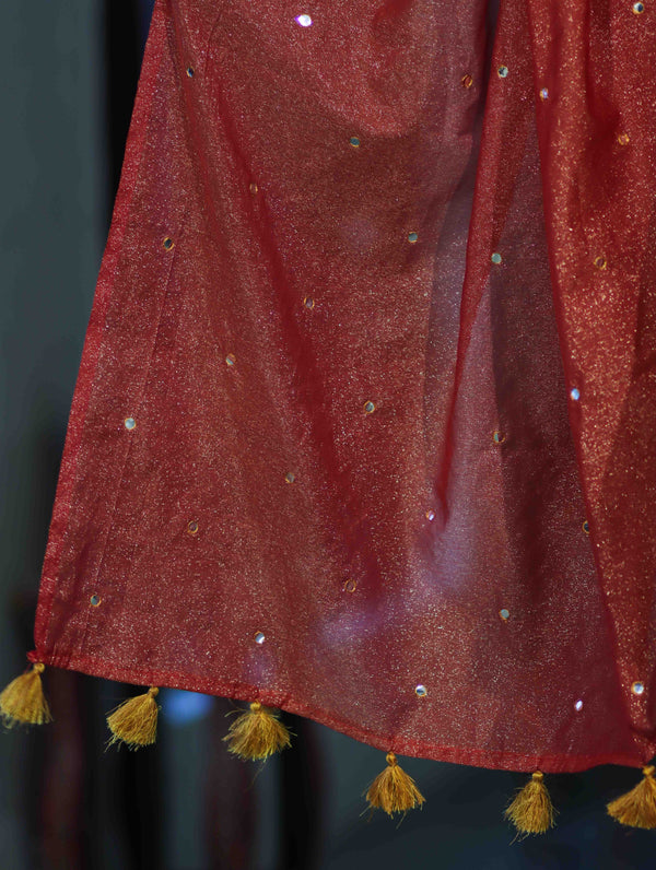 Banarasee Handwoven Semi Silk Shine Saree With Mirror Work-Red