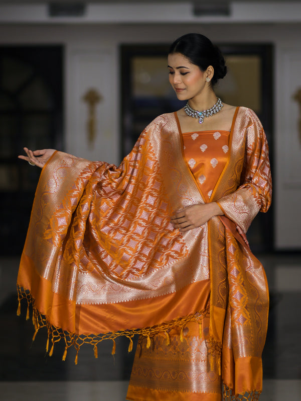Banarasee Dual Tone Satin Silk Zari Work Salwar Kameez Fabric With Dupatta Set-Rust