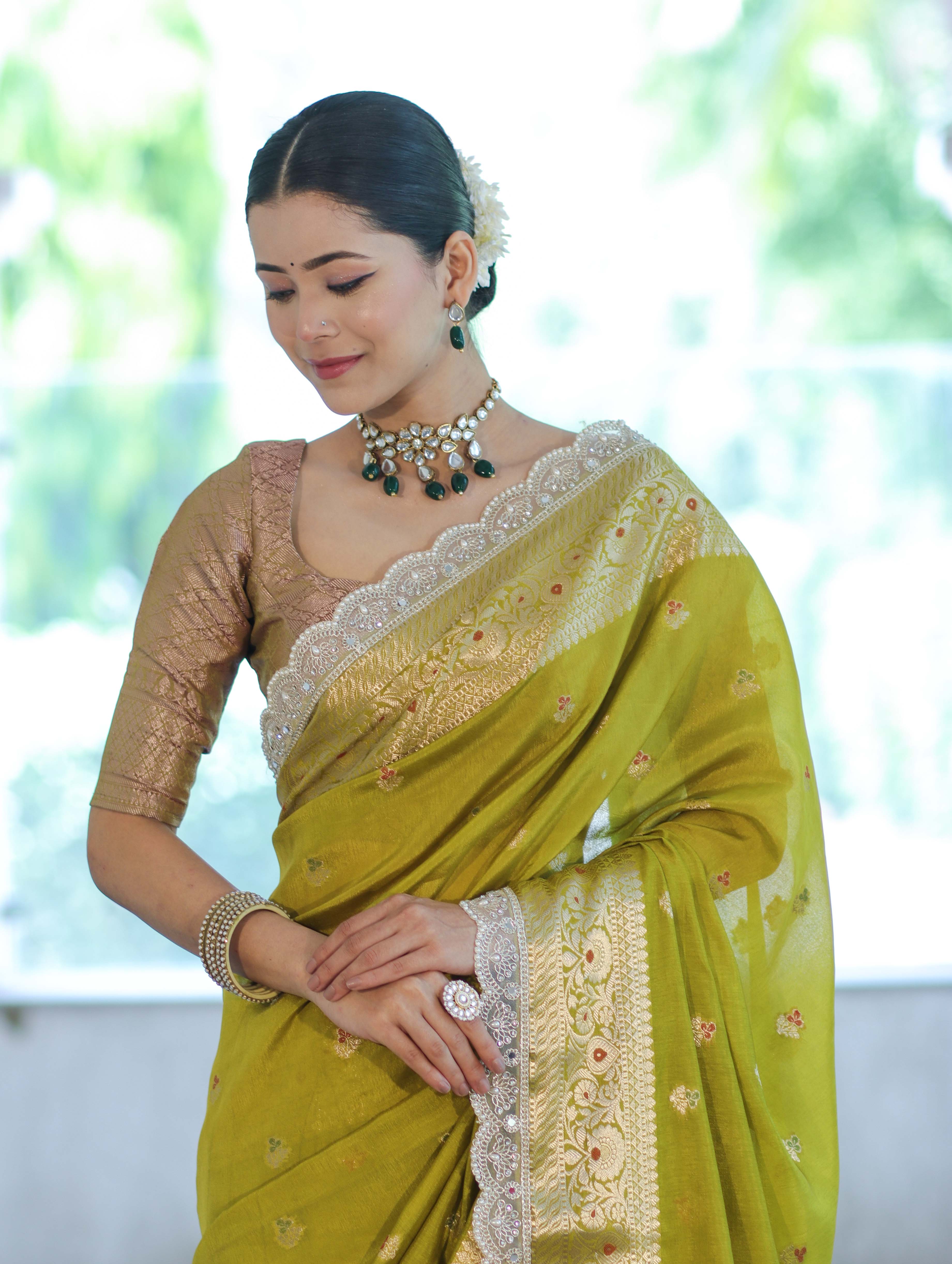 Banarasee Handloom Semi Silk Saree With Zari Buti Design & Lace Border-Lime Green
