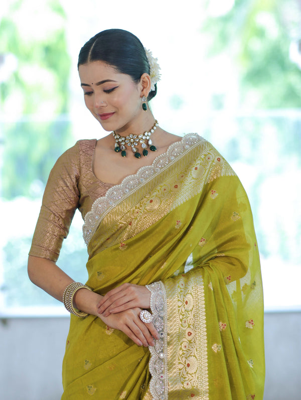 Banarasee Handloom Semi Silk Saree With Zari Buti Design & Lace Border-Lime Green