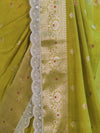 Banarasee Handloom Semi Silk Saree With Zari Buti Design & Lace Border-Lime Green