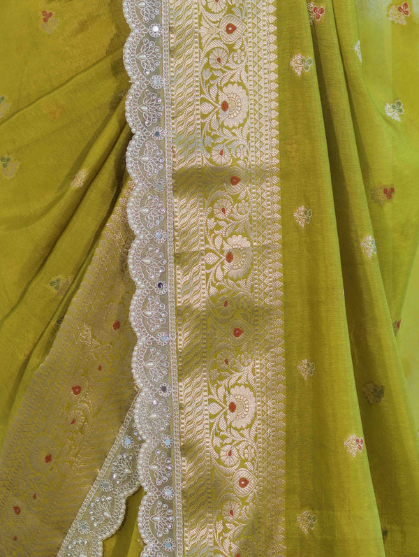 Banarasee Handloom Semi Silk Saree With Zari Buti Design & Lace Border-Lime Green