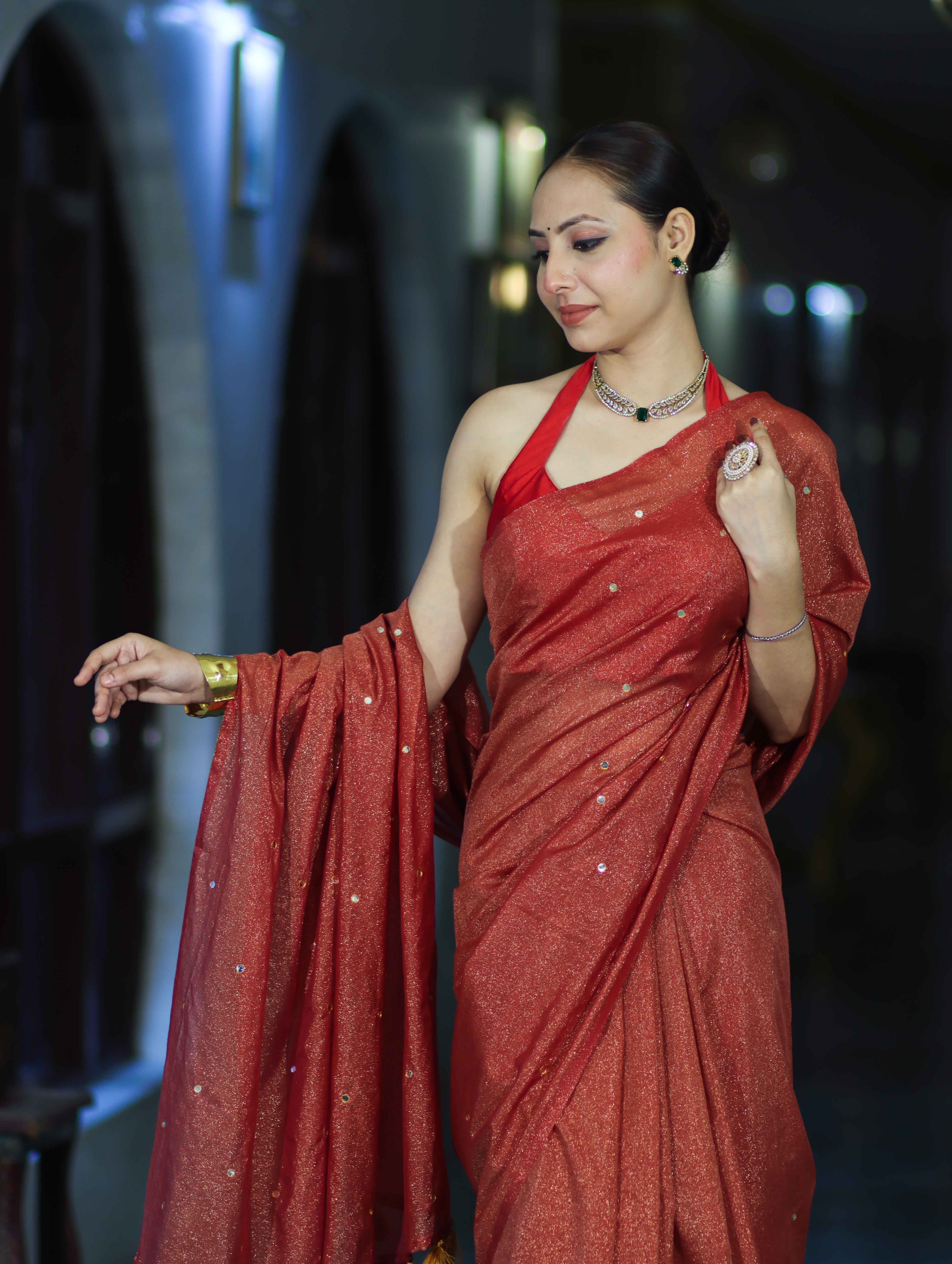 Banarasee Handwoven Semi Silk Shine Saree With Mirror Work-Red