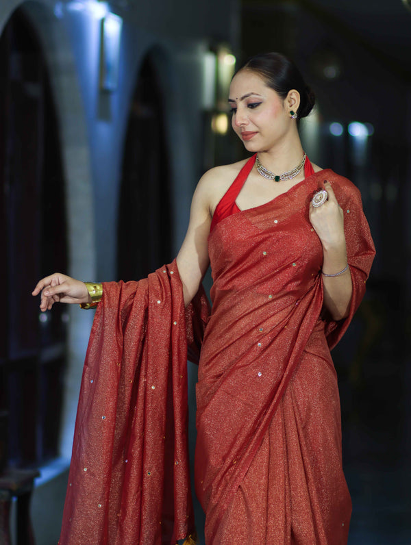 Banarasee Handwoven Semi Silk Shine Saree With Mirror Work-Red