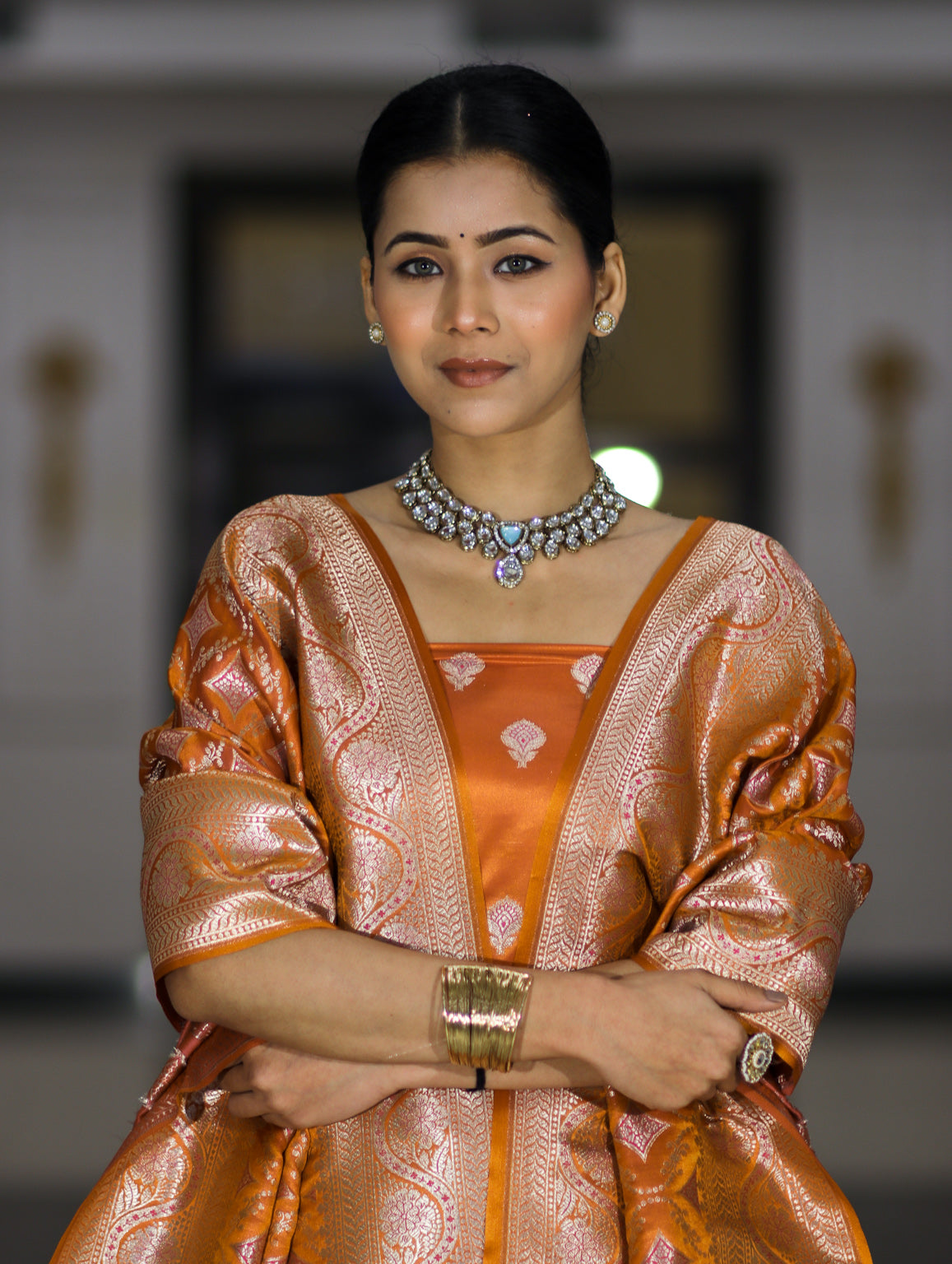 Banarasee Dual Tone Satin Silk Zari Work Salwar Kameez Fabric With Dupatta Set-Rust