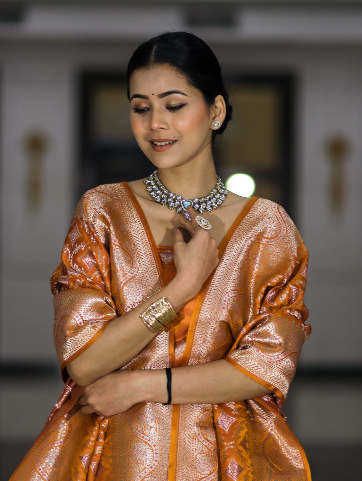 Banarasee Dual Tone Satin Silk Zari Work Salwar Kameez Fabric With Dupatta Set-Rust