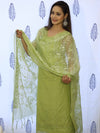 Banarasee Embroidered Chanderi Salwar Kameez With Kota Check Dupatta Set-Light Green