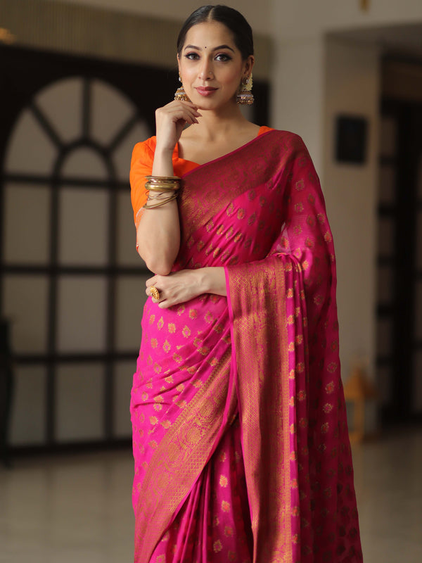 Banarasee Pure Chiffon Silk Saree With Antique Zari Work-Pink