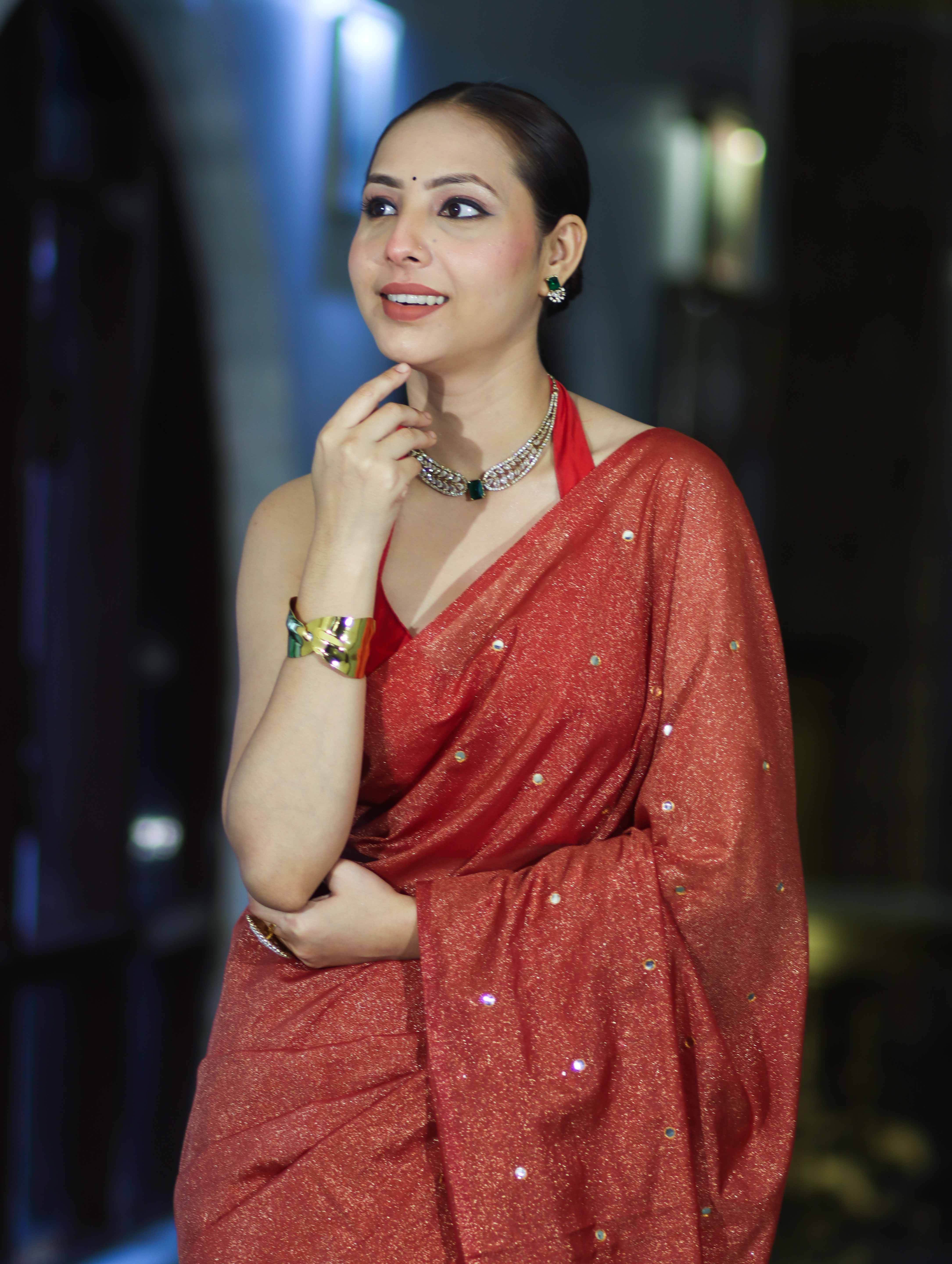 Banarasee Handwoven Semi Silk Shine Saree With Mirror Work-Red