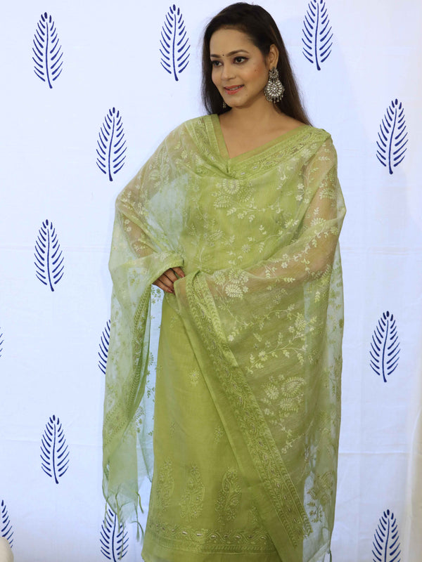 Banarasee Embroidered Chanderi Salwar Kameez With Kota Check Dupatta Set-Light Green